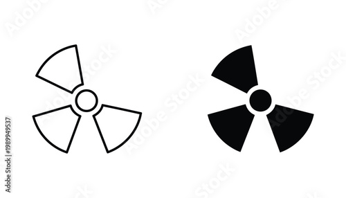 Nuclear energy symbol showing radioactive hazard warning sign in both outline and solid black vector style for industrial safety signage and environmental science educational materials