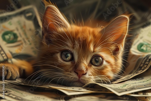 Cute ginger kitten resting on a pile of dollar bills, representing wealth, investment, and pet expenses