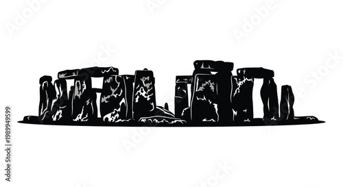 Stonehenge monument depicted in a striking black graphic silhouette high quality