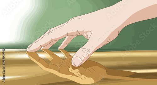 A human hand gently touching a reflective golden surface, showing its distorted reflection.