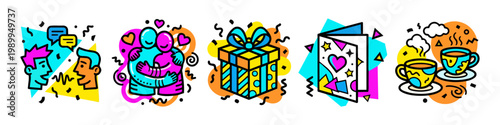 Social interaction and relationship icons set in colorful memphis style