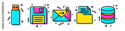 Εκτύπωση καμβά Data storage and digital information icons set in colorful memphis style