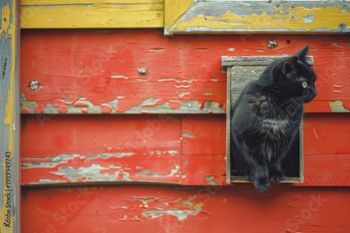 Black cat emerging from a small window in a brightly colored red and yellow wall, creating a striking contrast