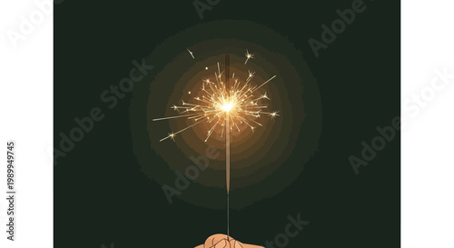 A hand holding a glowing sparkler with bright golden sparks against a dark background.