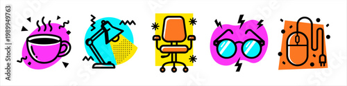 Office workspace and home office equipment icons set in colorful memphis style