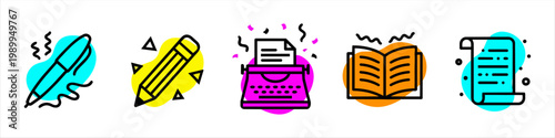 Writing tools, literature and education icons set in colorful memphis style
