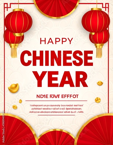 Chinese New Year flyer red fans/lanterns & gold ingots frame text on a white patterned background