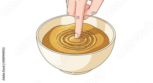 A finger gently dips into a bowl of thick brown liquid, creating ripples on its surface.