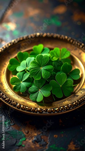 Shamrocks on golden plate, dark textured background, rich greens and gold