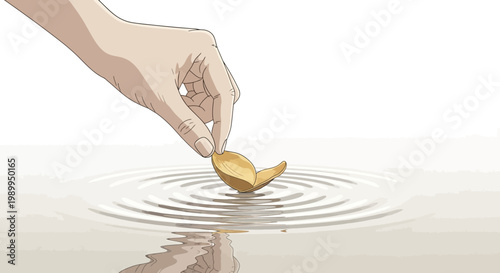 A delicate hand gently places a golden, petal-like object onto a serene water surface, creating concentric ripples in a minimalist setting.