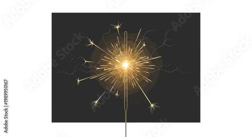 A bright golden sparkler burning intensely against a dark background, creating a festive and celebratory light display.