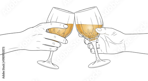 Two hands clinking wine glasses together in a toast, celebrating an occasion with a beverage.