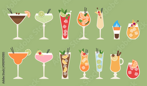 Drink set. Cocktails art. Retro illustration alcohol cocktails. 90s 80s 70s groovy posters. Minimal drink doodle background. Modern trendy print. Drink with fruit and ice.