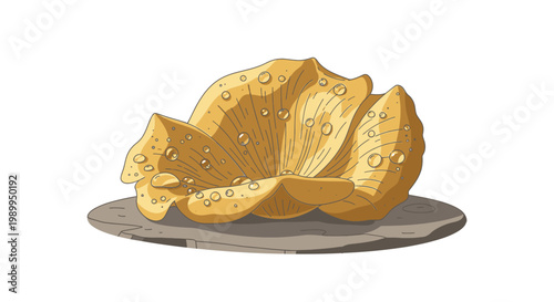 Detailed illustration of a fresh yellow chanterelle mushroom with water droplets on a grey surface.
