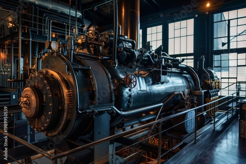 Huge, vintage steam engine dominating an industrial factory space, showcasing intricate machinery and metal components
