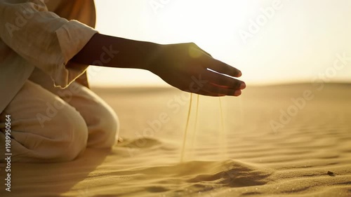 A diverse traveler in natural fabric attire kneels in a vast golden desert, gently scooping sand that sifts through fingers in slow-motion, captured in warm backlighting with bokeh and lens flares,