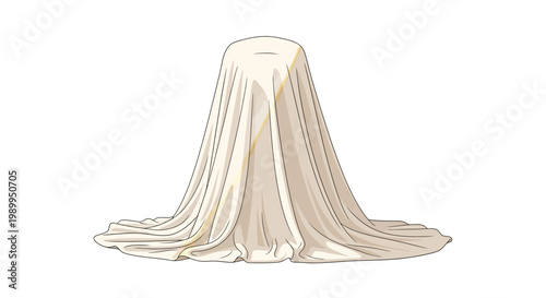 A mysterious object covered by a flowing light-colored cloth, draped elegantly to the ground, creating soft folds and wrinkles.