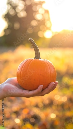 Hand holding a pumpkin in a sunlit field
