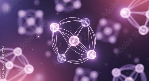 A futuristic network of glowing molecules and atoms floats in a dark purple and pink space with connections and nodes.