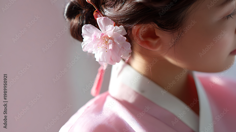 Naklejka premium A young female adult in a soft pink kimono with a cherry blossom in her hair, captured with natural light for a gentle serene mood