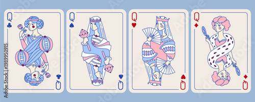 Set of queen playing cards of all suits. Vector editable design