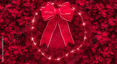 A vibrant red bow with sparkling lights on a heart-shaped floral background