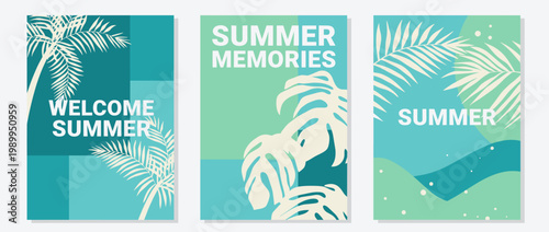 Summer Tropical Foliage Backgrounds With Palm Leaves And Abstract Shapes Collection