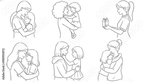 Mother hugging child drawing set showing affectionate moments with smiling family characters in line art style
