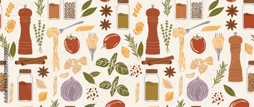 Inviting culinary pattern with various spices herbs and ingredients for cooking