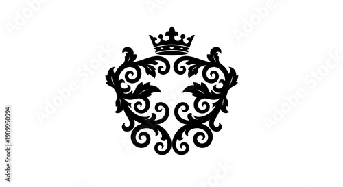Ornate crest with crown and scrollwork.