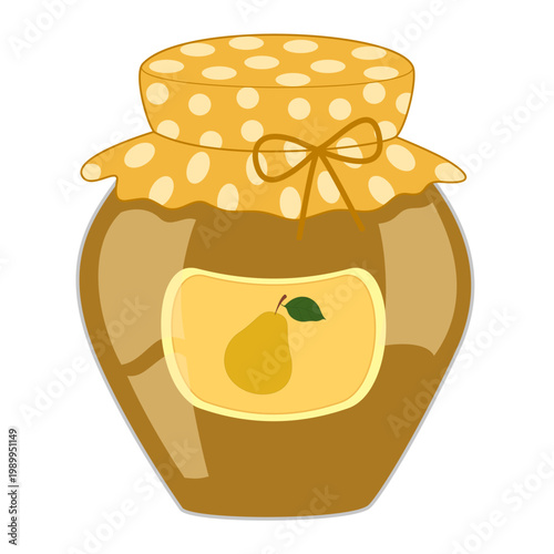 Vector illustration of pear jam jar with yellow polka dot fabric lid and pear icon.