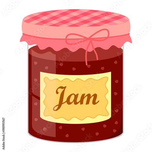 Vector illustration of a glass jar with strawberry jam, pink fabric cover and Jam label.