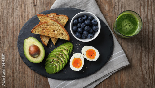 Desayuno saludable de tostadas de aguacate con huevos pasados ​​por agua, arándanos y batido verde sobre una mesa de madera de pizarra.