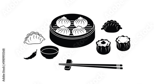 A collection of asian dumplings dim sum and condiments in black silhouette