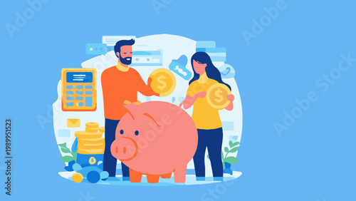 Piggy bank with coins and mobile phone showing savings and digital money concept illustration