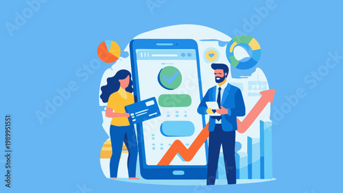 Man using mobile phone at gas station with digital payment and fuel pump concept illustration