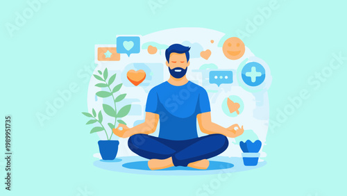 Flat vector illustration of a woman meditating in a yoga pose with a laptop, representing online work and technology lifestyle
