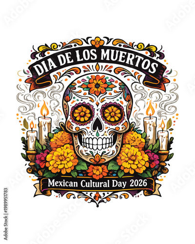 A vibrant d a de los muertos skull adorned with flowers and surrounded by flickering candles