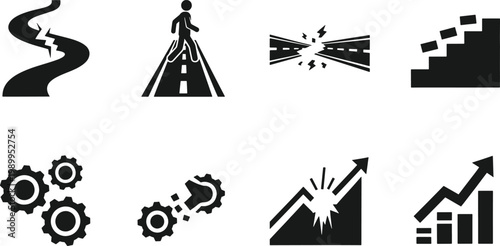 Set of icons representing disruption, broken processes, and obstacles in business and infrastructure