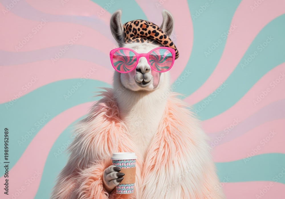 Fototapeta premium Fashionable llama wearing sunglasses and a beret holds a coffee cup against a pastel background