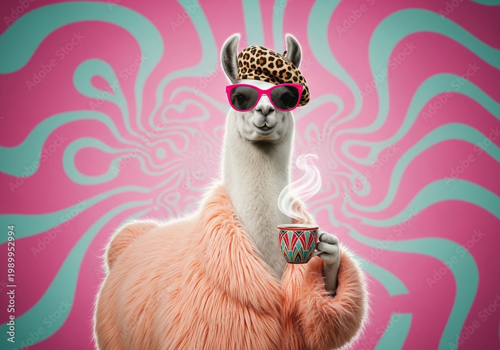 Fototapeta premium Stylish llama wearing sunglasses and a beret, holding a steaming coffee cup