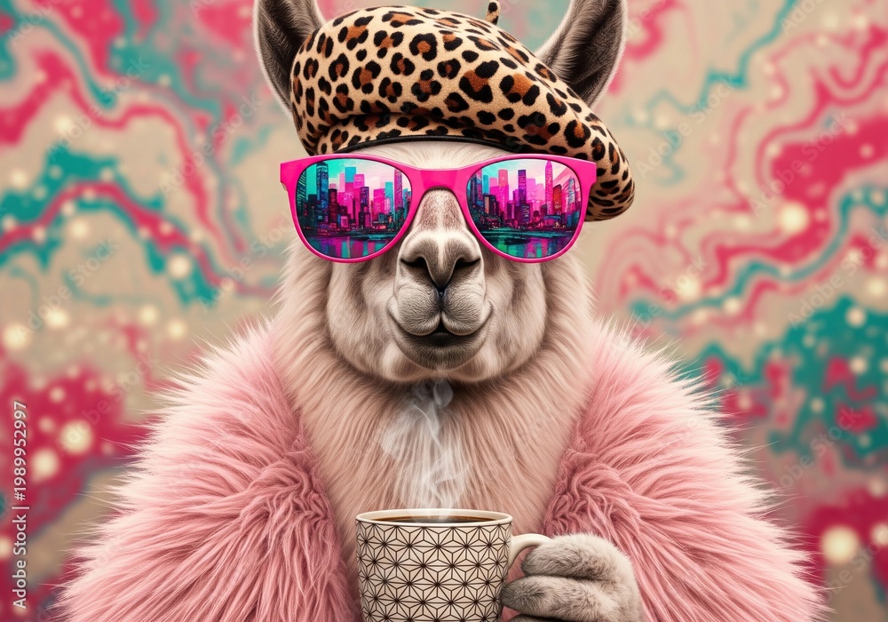 Fototapeta premium Stylish llama wearing sunglasses and a beret, holding a coffee cup with a colorful background