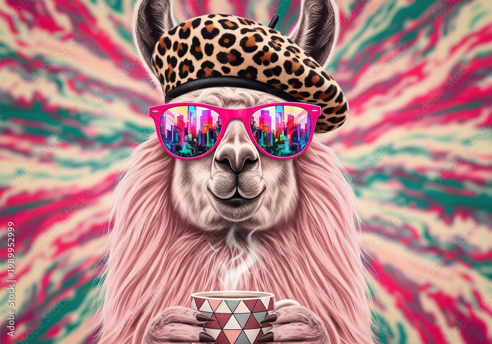 Obraz premium Cool llama wearing sunglasses and a beret holding a coffee cup