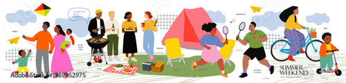 Summer weekend recreation in the park. Vector isolated modern illustrations of diverse people, picnic, family activities, camping, barbecue with friends, kite flying, badminton, cycling, lifestyle, an