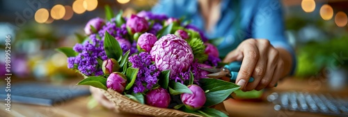 Florist preparing peony bouquet in kraft paper at flower shop counter