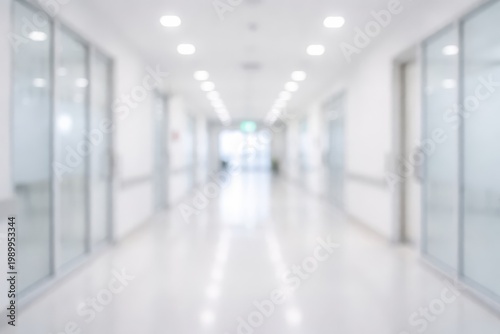 Blurred view of a modern hospital hallway