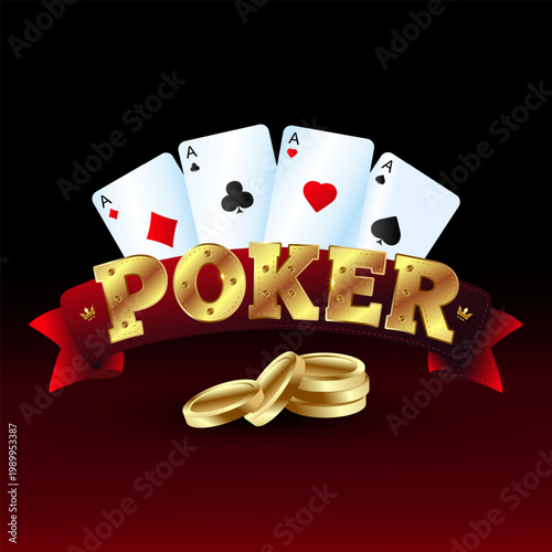 Luxury Casino Poker Illustration featuring Golden Text Banner, Four Aces, and Gold Coins