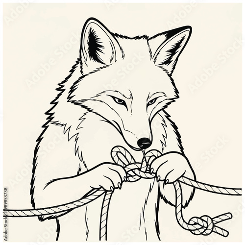 A fox with rope in mouth.