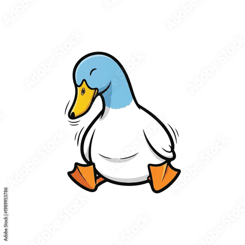 Cartoon duck with blue head shaking.