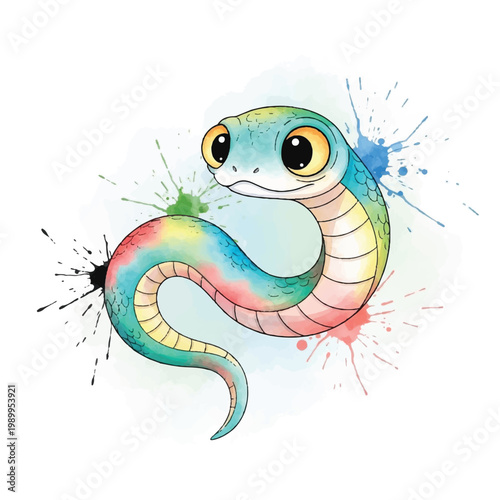 Colorful cartoon snake with big eyes.